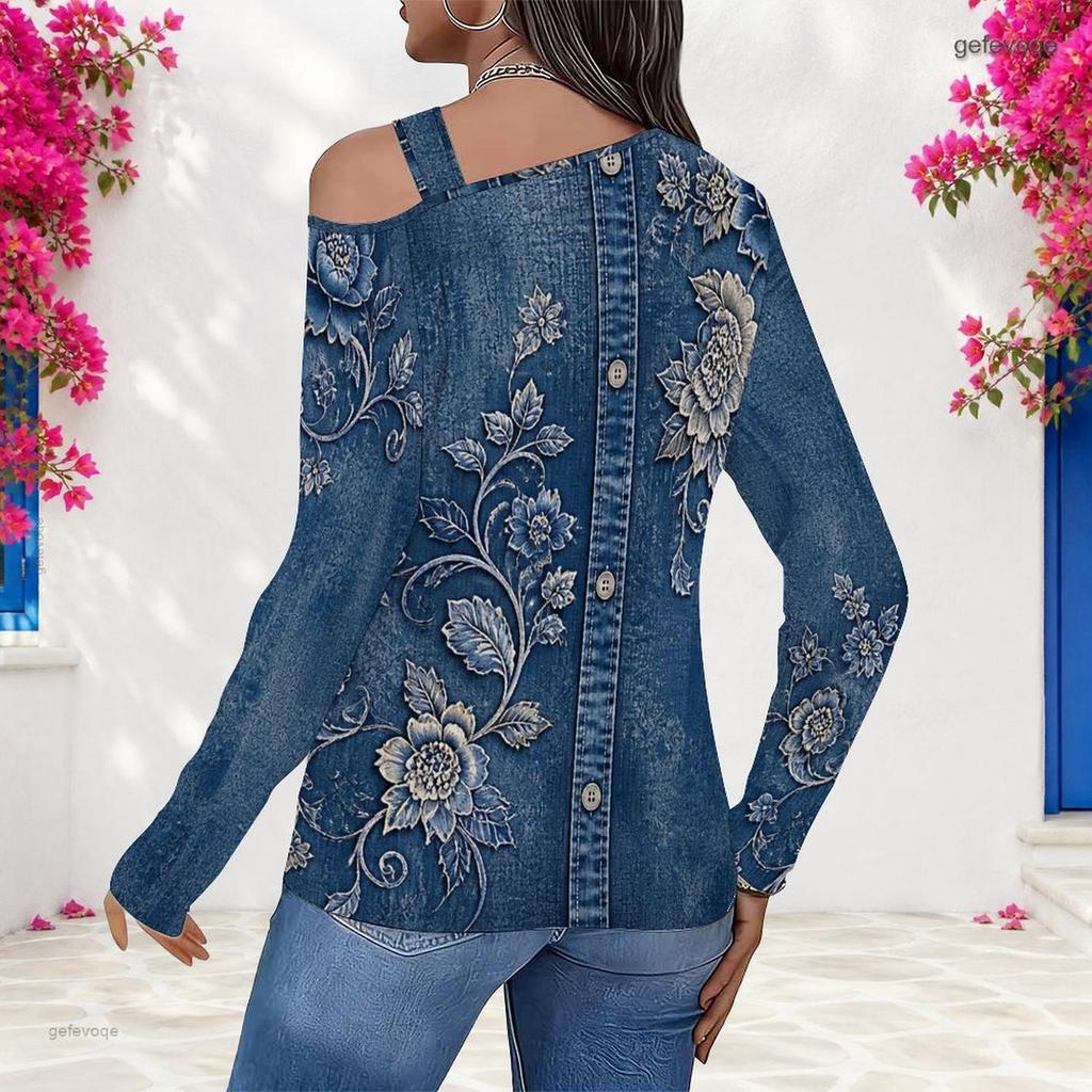 Women Plus Size Asymmetric Cutout Neck Cold Shoulder Long Sleeve Western Printed Fitted Top