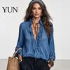 Classic Fall Top Women Ruffle V-Neck Top, Solid Color Casual Long Sleeve Breathable Shirt Pullover Shirt, Retro Pleated Loose Blouse for Autumn V-neck