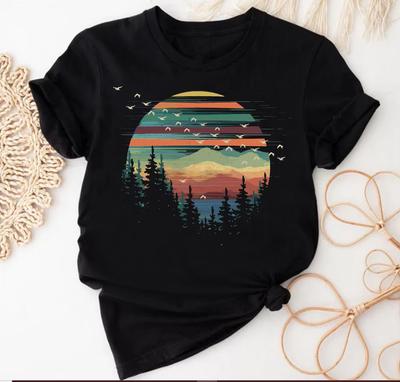 Retro Sosny Zachód Słońca Koszulka Unisex, S-4XL