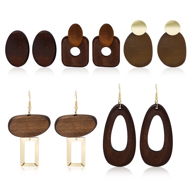 2023 European & American Retro Geometric Wood Drop Earrings - Hollow Bohemian Style for Women