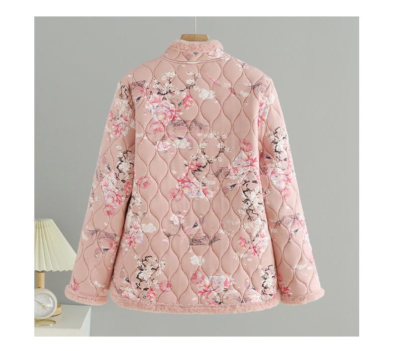 Women's Stand Collar Floral Padded Jacket - Chinese Style Winter Coat with Retro Frog Buttons and Ethnic Design, Plus Velvet for Warmth.