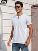 Men's Cotton T-shirt Fashion Button Design Breathable Solid Color Short-sleeved Henley Neck Tops Slim Fit Cozy Male Casual Tees