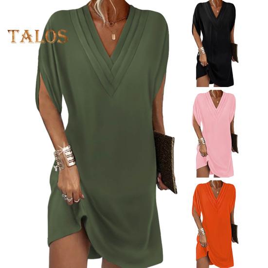 Dámské šaty s výstřihem do V plisovaný rukáv napůl netopýří Jednobarevné Volné Měkké Prodyšné Dojíždění nad kolena Mini