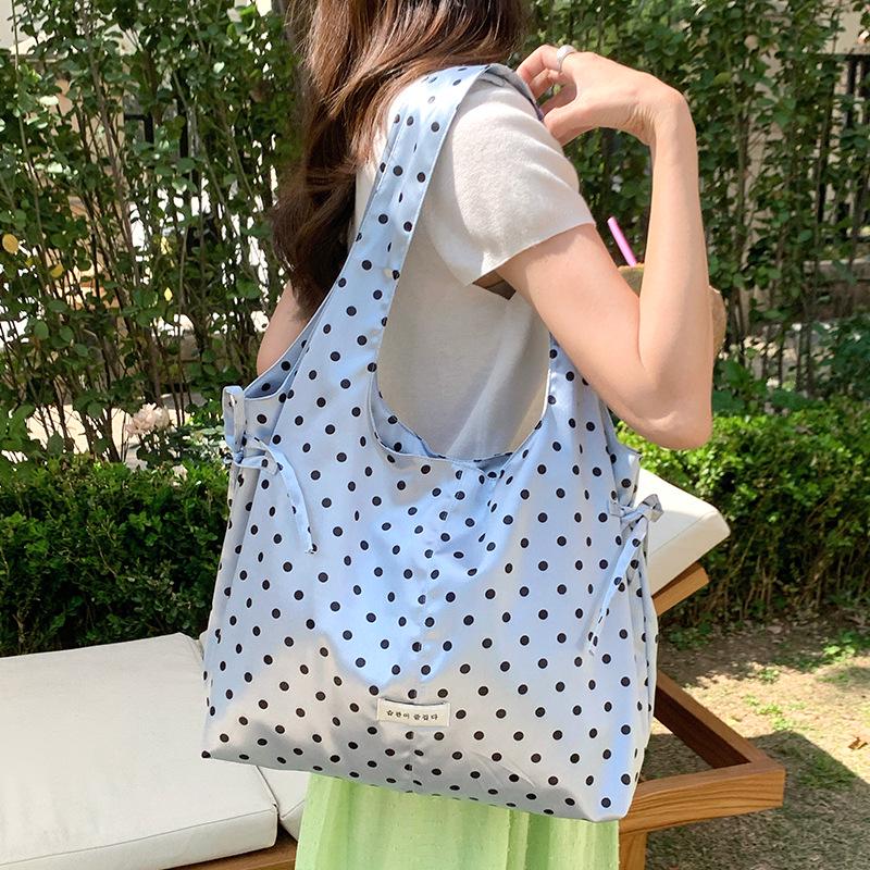 Spring Shimmering Satin Polka Dot Bow Bag - Large Capacity for Women