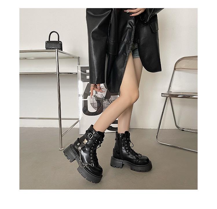 Damen Schwarze Plateau Martin Boots - Britischer Stil Knöchel, Motorrad, Höhenverstärkend - 2025 Frühling/Herbst Kollektion