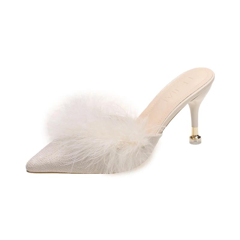 Women High Heels Slippers 2024 Summer New Fur Pointed Toe Thin Heels Women Mules Dress Party Outside Ladies Shoes