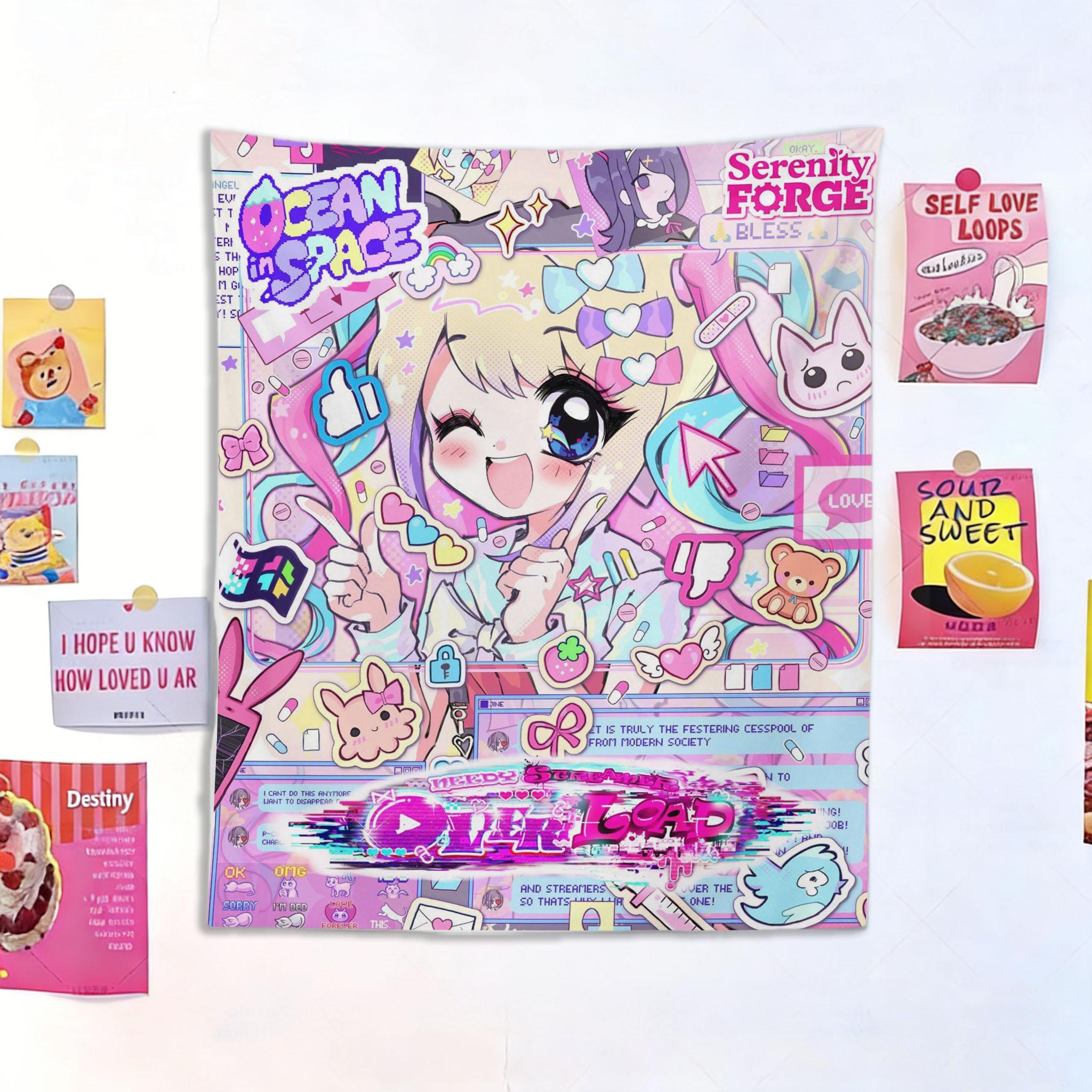 

1PC Y2K Kawaii Anime Girl Tapestry Glitch Cyber Cute Wall Hanging Pink Pastel Aesthetic Room Decor for Bedroom Dorm 74x94cm(29x37in)