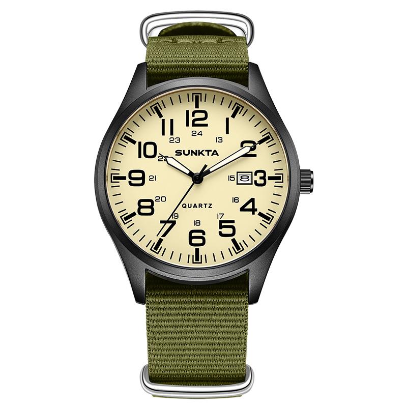 

SUNKTA Fashion Luminous Men Watches Casual Military Nylon Strap Waterproof Arabic Numerals Men Quartz Watch зелений/брудно-білий