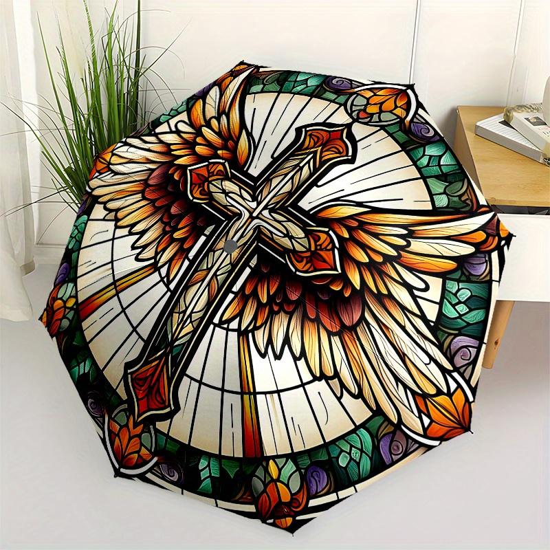 

Stained Glass Cross with Wings Wall Art Decor Umbrella, Cute Umbrella with Cute Design, Portable 3-Fold Compact Umbrella for Men & Women, Valentine s