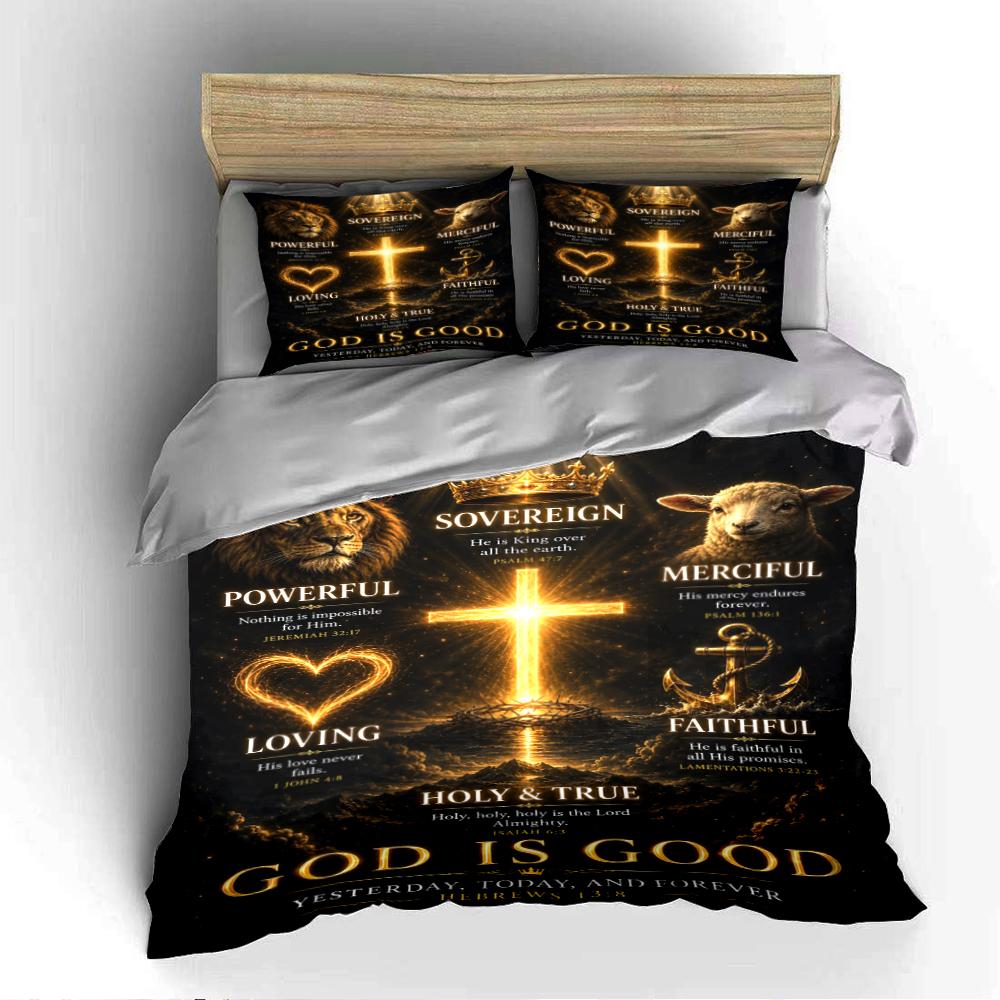 Christian Bedding Set with Cross and Lion Bedding Set (1 Duvet Cover, 2 Pillowcases, Duvet Not Included)