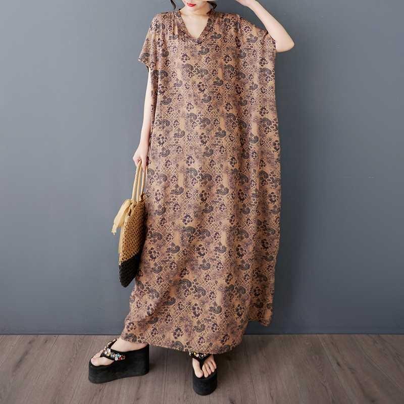 Large Size Floral Dress, Retro Long Robe for Ladies