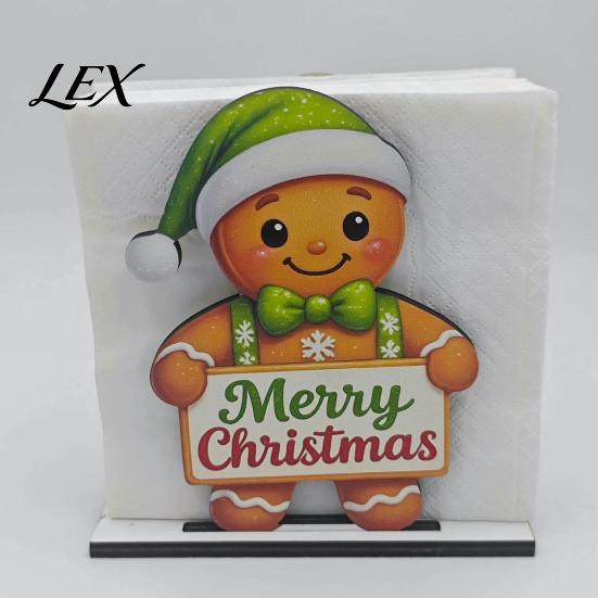 Christmas Kitchen Decor Wooden Napkin Holder, Gingerbread Man And Deer Design, Holiday Party Countertop Organizer Decorative Vertical Paper