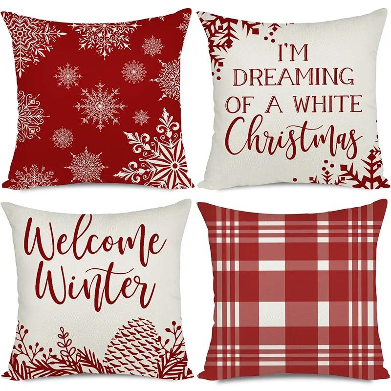 Merry Christmas Decor Cushion Cover 45x45 cm Pillow CaseCartoon Reindeer Santa Claus Printed Throw Pillowcase Linen Pillow Cover