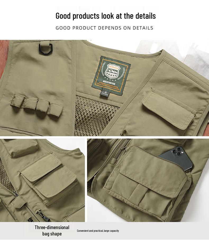 Vestă de pescuit pentru bărbați, cu buzunare multiple, pentru exterior, cu logo personalizat, disponibilă și mărimi mari