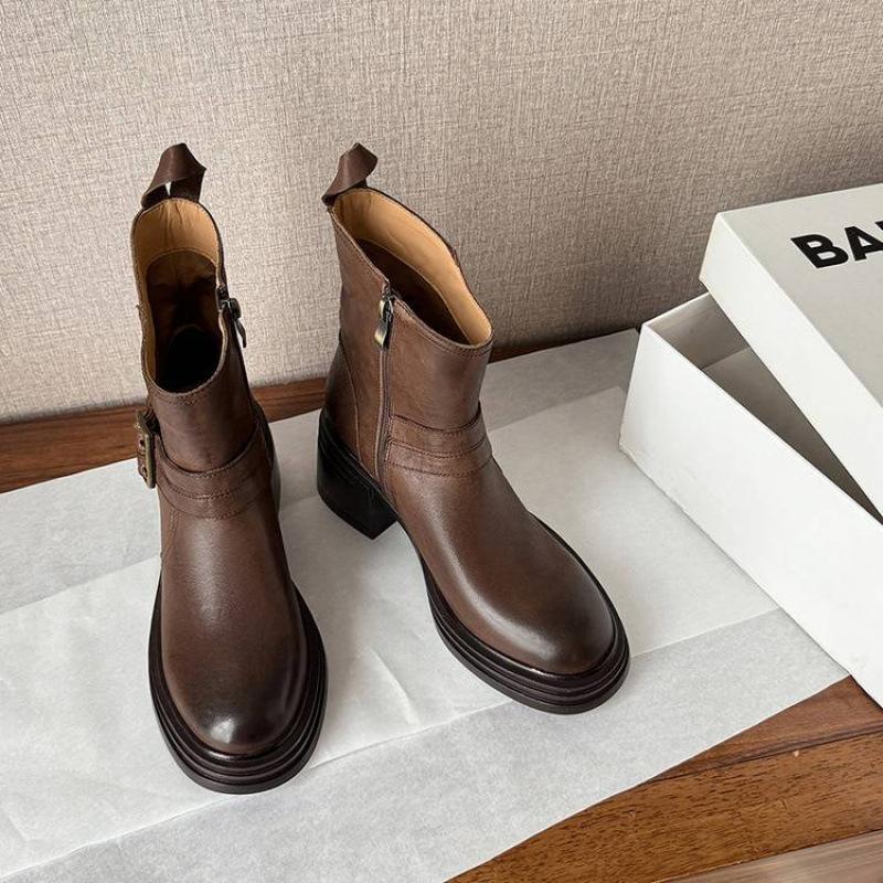 New Women's Leather Boots Leather Mid-heel Thick-soled Non-slip Martin Boots Autumn and Winter Side Zipper Large Size Cowhide Low Boots