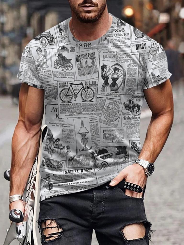 Herren T-Shirts Alte Zeitung 3D-Druck Herren Sommer Lässig Mode Hip Hop Lustig Kurzarm Neue Streetwear Vintage T-Shirts Oberteile Hemd