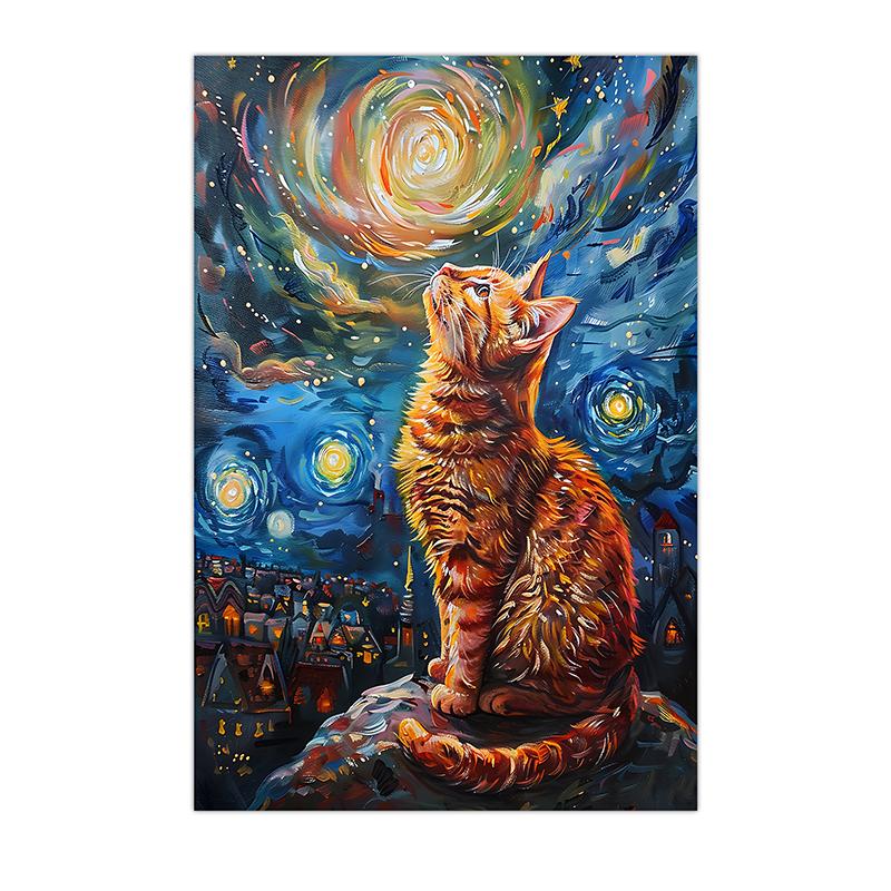 Tier-Wandkunst im Vintage-Stil, Nordische impressionistische Katzen-Leinwandmalerei, Verspielter getigerter Poster-Druck für Schlafzimmer-Wohnzimmer-Dekoration