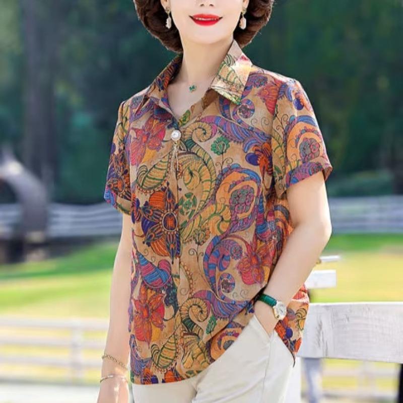 Mom Clothes Loose Short-sleeved Middle-aged and Elderly Women's T-shirt Shirt Fashionable Lapel Pullover Top
