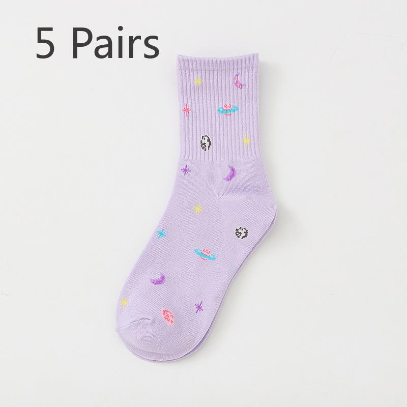 5 Pairs Socks for Women Spring and Winter Midtube Candy Socks for Women Universe Star Socks