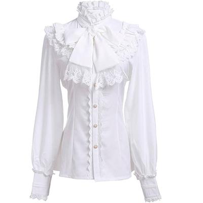 Gothic Retro Long Sleeve Shirt Long Sleeved Lace Ruffled Bow Neckline Lolita White Shirt Top Victorian Button Top Office Shirt