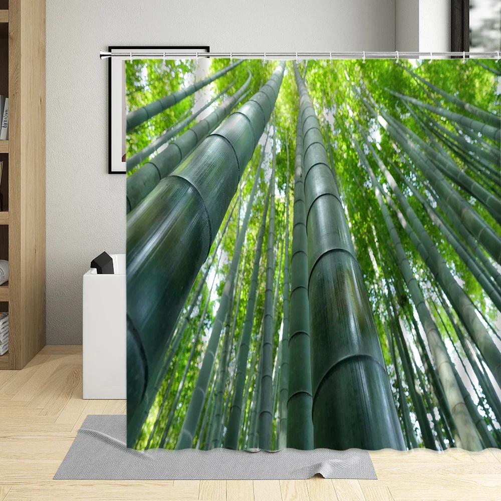 Tenda da Doccia in Bambù Bagno Decorazioni per la Casa Piante Verdi Paesaggio Tende da Bagno con Ganci Tessuto Impermeabile in Poliestere Lavabile