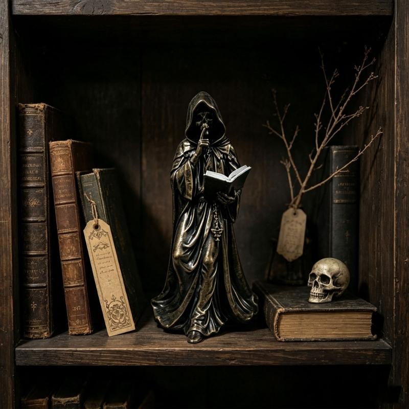 Tabletop Resin Sculpture with Hooded Character, Open Spell Book, and Bronze Style Finish for Shelf Display Use