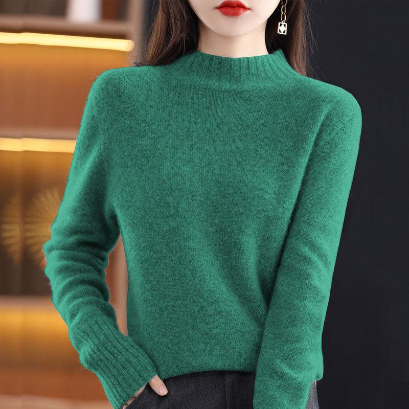 Women's Wool Sweater: Autumn/Winter Half-High Neck, Warm, Solid Color, Loose Fit, Commuter Style