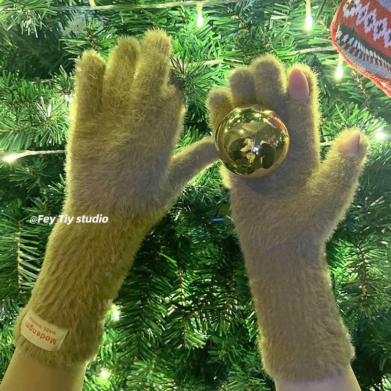

Soft and fluffy, extended warm gloves for women, solid color in autumn and winter, fingers can touch the screen, five fingers are versatile average size помаранчевий