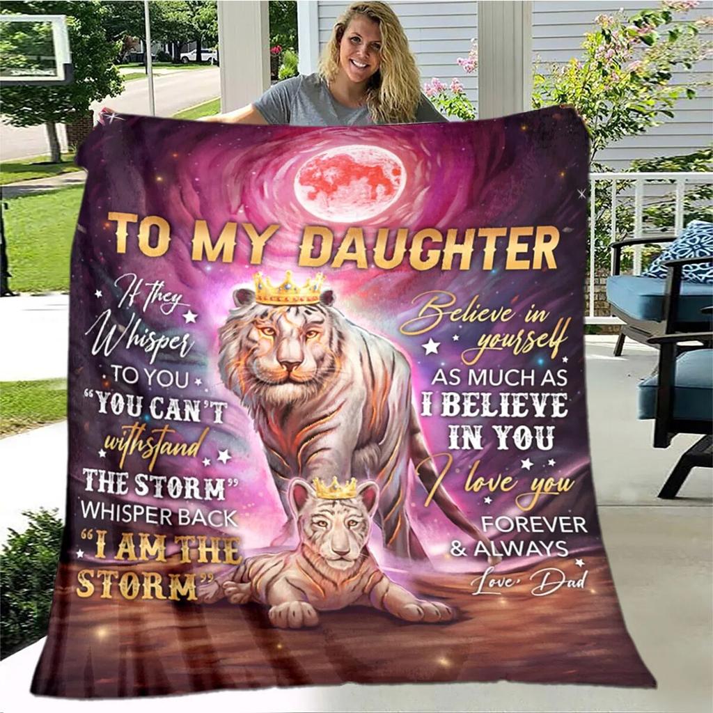 Personalisierte Sherpa-Decke für meine Tochter, bedruckt mit Löwe, Wolf und Drache, Geschenk von Mama, Papa, Sofabettdecke, weiche Picknickdecke