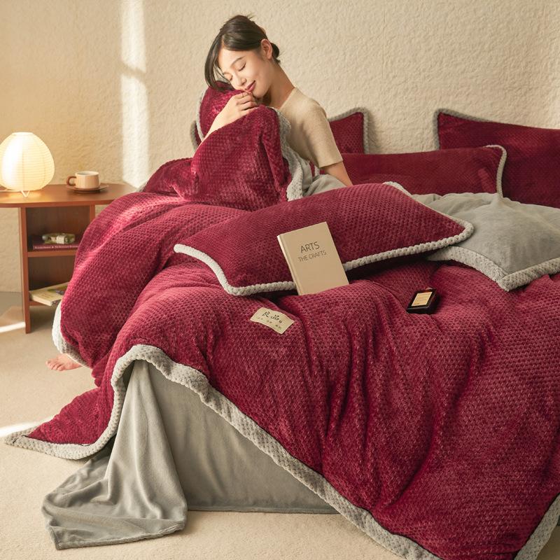 Thickened Milk Fleece Coral Fleece Bed Four-Piece Set Flannel Double-Sided Fleece Bed Sheet Quilt Cover