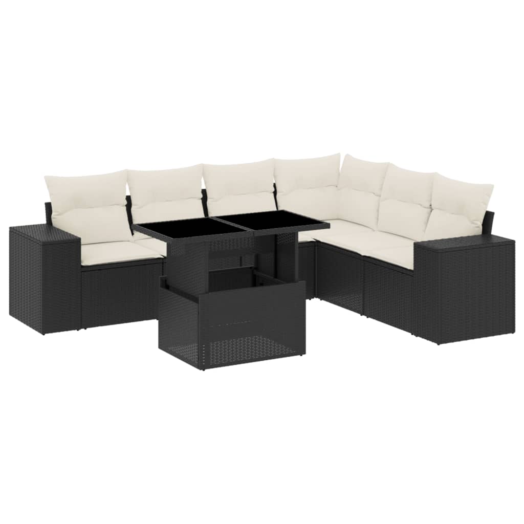 7-teiliges Gartensofa-Set mit Kissen Schwarzes Poly-Rattan