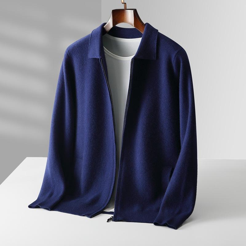 Men's Zipper Polo Cardigan Woolen Sweater Smart Casual Cashmere Knitwear Spring Autumn Coat Tops
