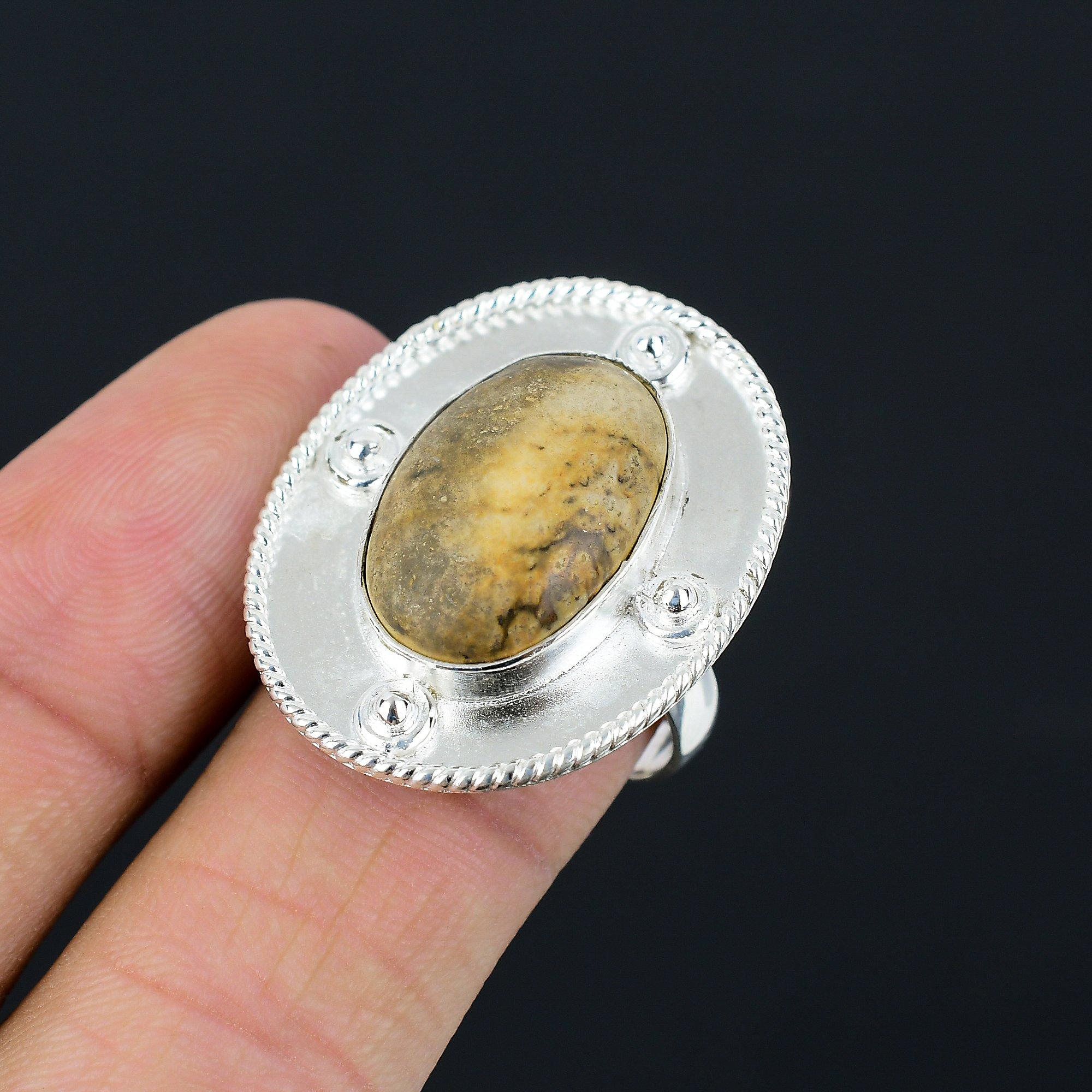 

Sterling Silver Oval Natural Picture Jasper Multi Stone Ethnic Ring Jewelry US 9 9