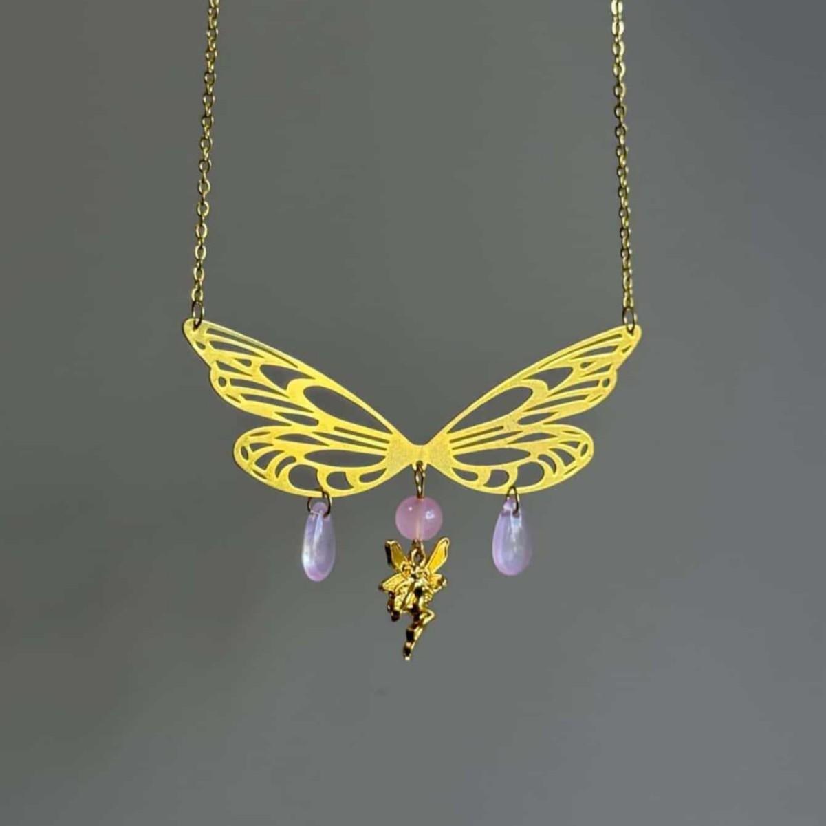 

Gold Butterfly Wing Necklace for Women - Fairy Crystal Goddess Pendant Original Design Jewelry