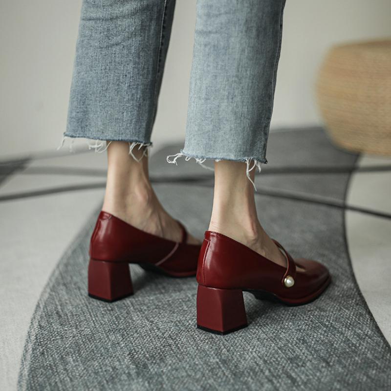 Cheap Mary Jane Shoes Woman Chunky Heels PU Leather Square Toe Designer Pumps Spring Fashion