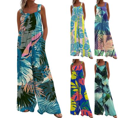 Damen-Overall, lässiger Druck, weites Bein, Overall, Latzhose, ärmellose Träger mit Taschen, Outfits
