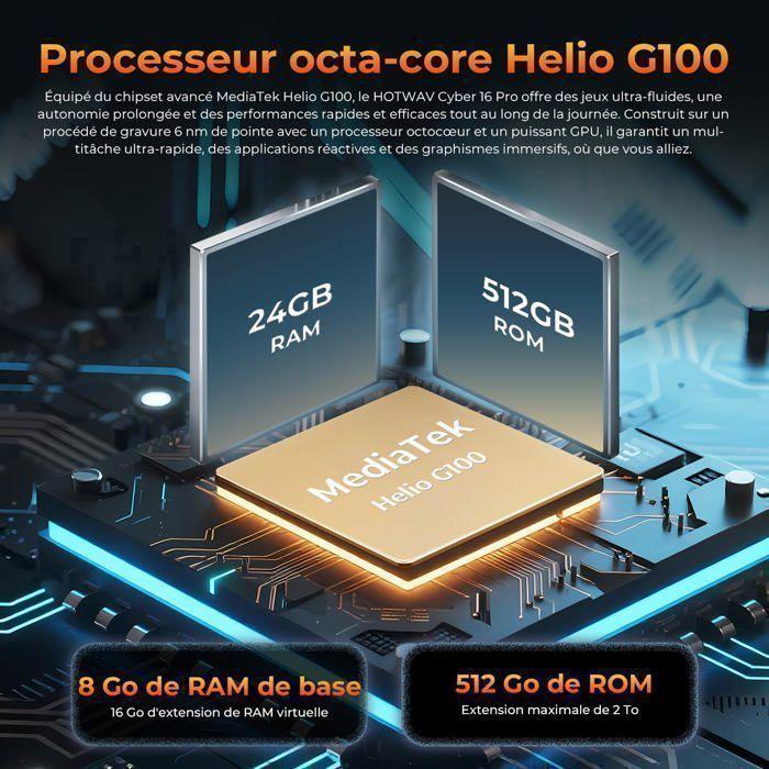 Téléphone Portable Incassable HOTWAV Cyber 16 Pro 24Go+512Go 6.6" 6280mAh Smartphone Robuste 108MP Caméra Dual SIM 4G/NFC Noir