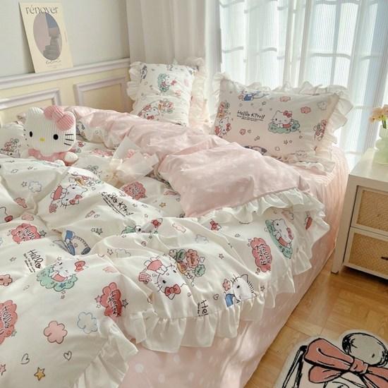 

Комплект из 4-х предметов постельного белья Sanrio Hello Kitty из чистого хлопка с оборками, популярный персонаж в Корее