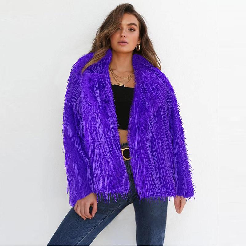 Women Fuzzy Fleece Short Jacket Solid Color Warm Plush Coat Long Sleeve Casual Outerwear