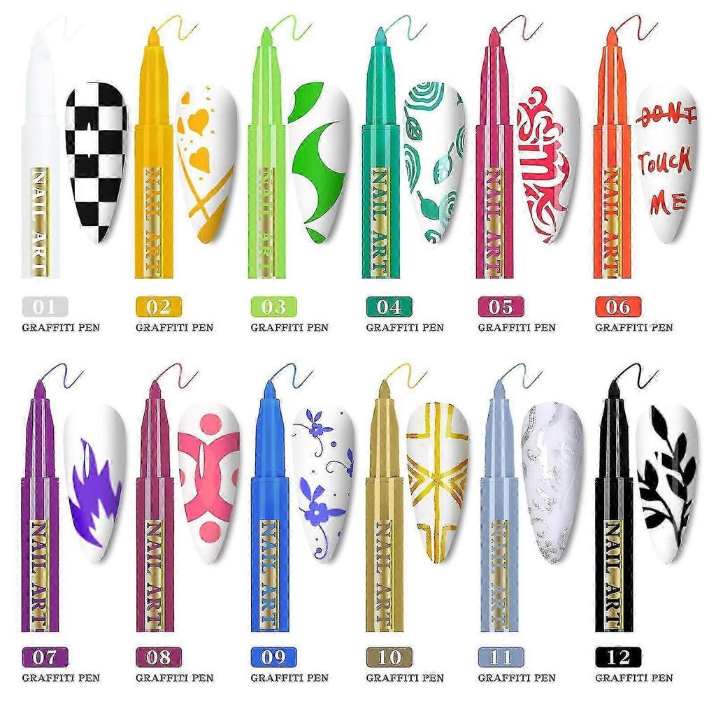 12 Color 3d Nail Art Pens Set, Nail Point Graffiti Dotting Pen Drawing Painting Liner Brush For Diy Nail Art Beauty Adorn Manicure Tools