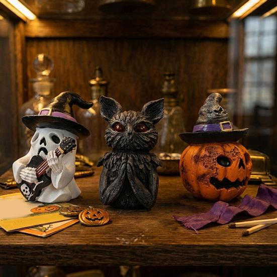 Small Halloween Statues for Shelves Resin Figurine, Spooky Skeleton Pumpkin Ghost Statue Home Accents Tiered Tray, Tabletop, Shelf, Indoor Kitchen