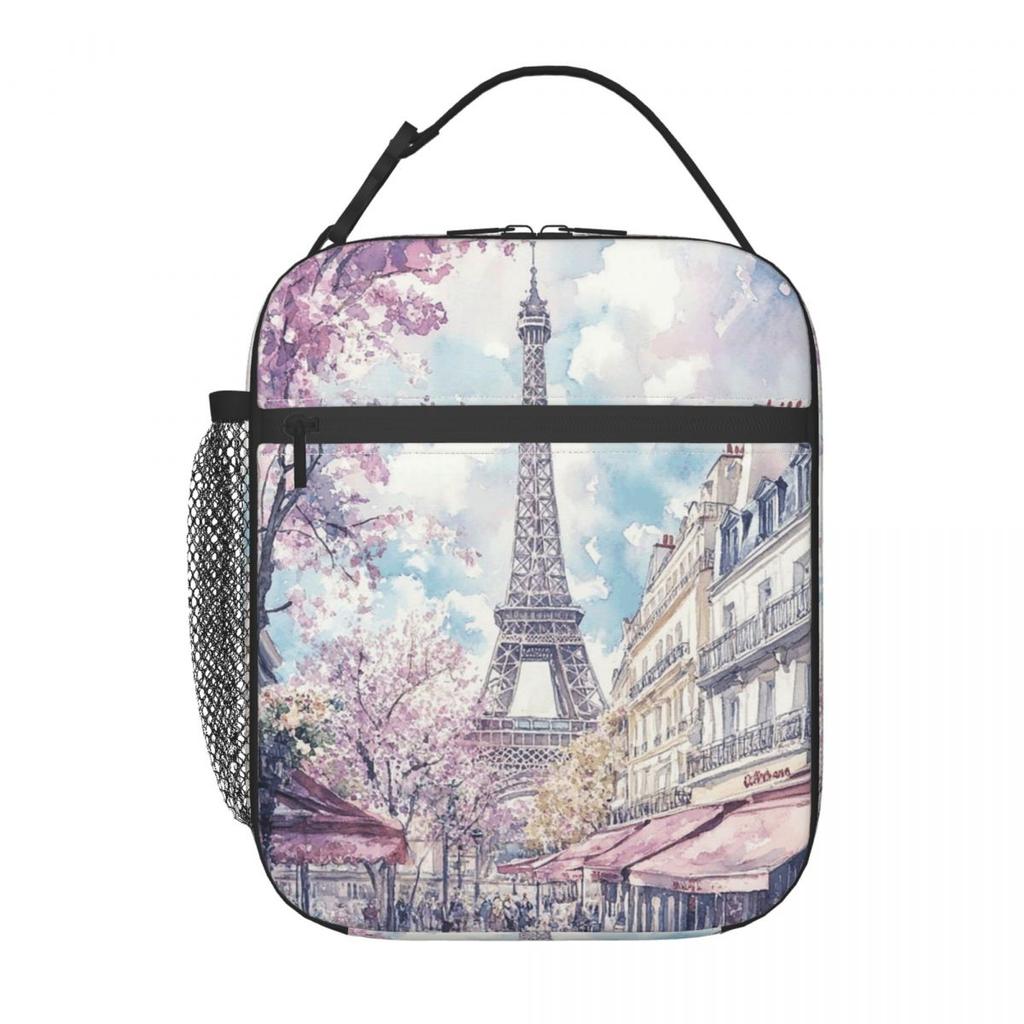 Eiffel Tower And Cherry Blossoms Design Insulated Lunch Bag for Women Kids Portable Food Boxes Thermal Lunch Box Tote