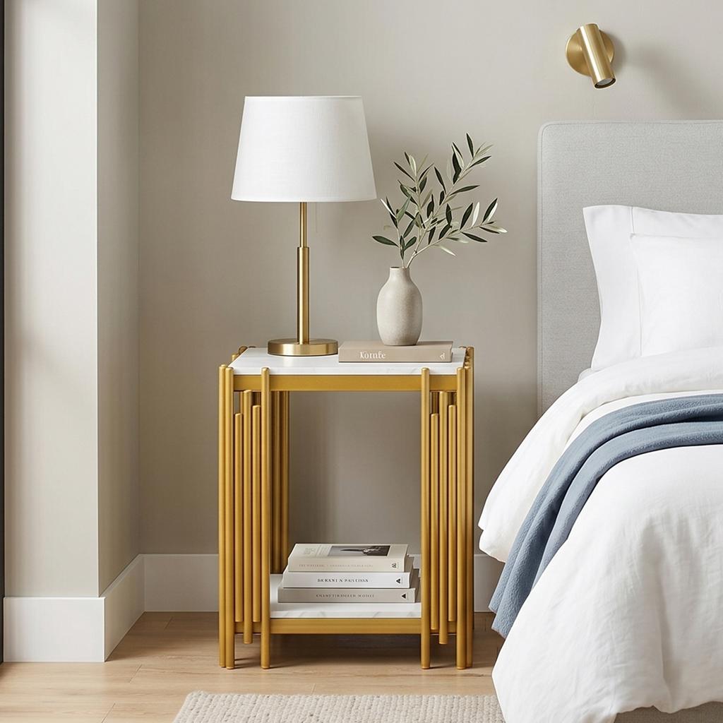 Nightstand with 2 Shelves, Gold Metal Frame with Glitter Effect, Marble Look, MDF for Bedroom, Living Room and Hallway, White & Gold-H55/W43/D40 cm