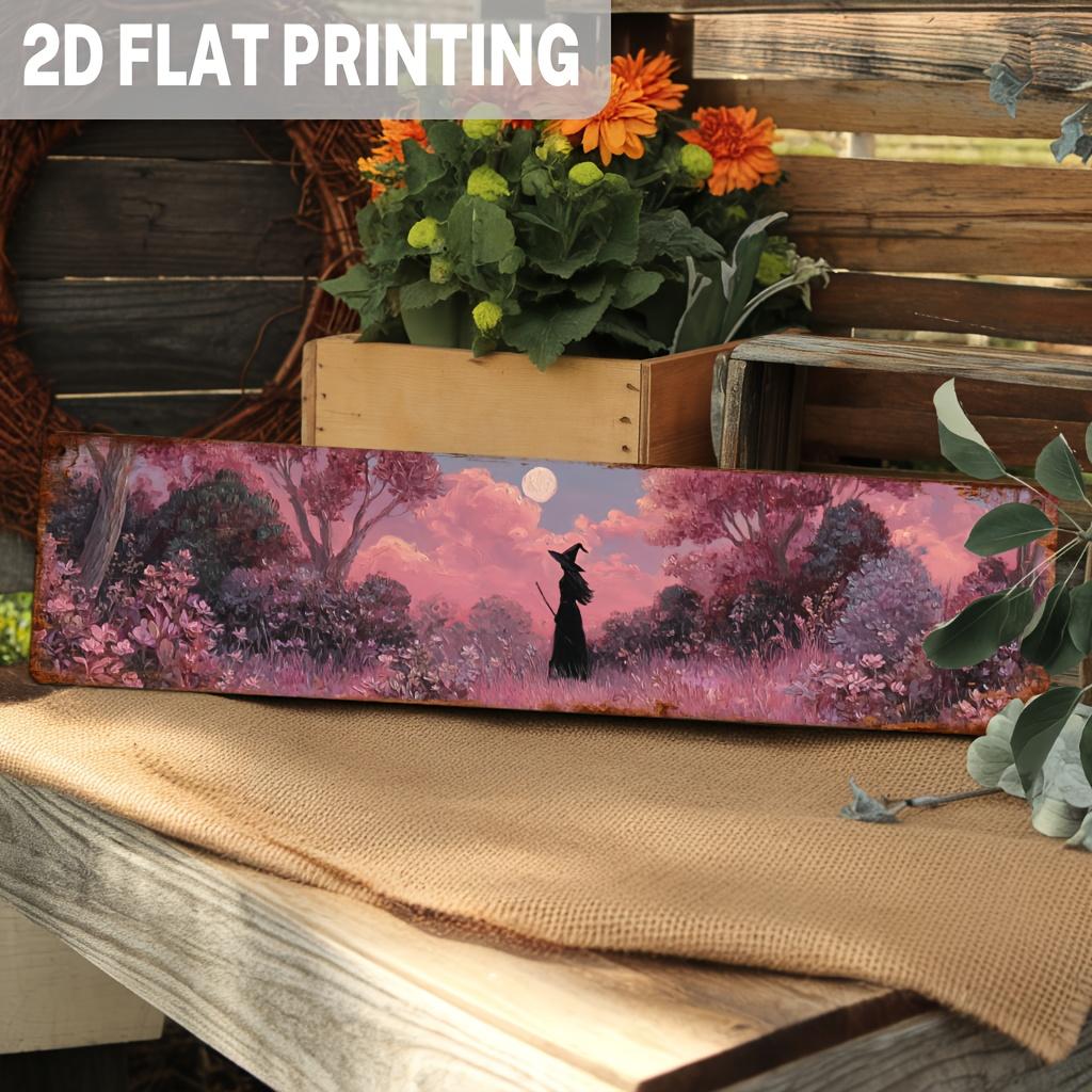 Retro Witch in Field Metal Sign, Enchanting Meadow Scene, Wall Decor, Wall Hanging, Romantic Design, for Halloween Decor, Living Room, Bedroom, Entran