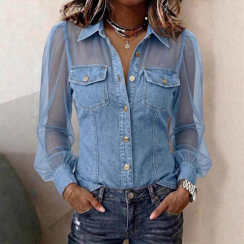 Ladies' Casual And Fashionable Imitation Denim Long Sleeved Top