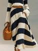 Elegant Navy Blue & White Striped Long Sleeve Dress