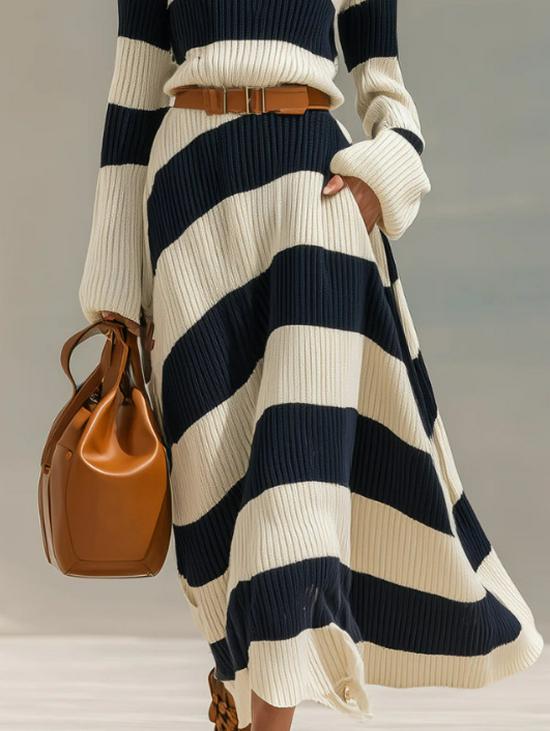 Elegant Navy Blue & White Striped Long Sleeve Dress