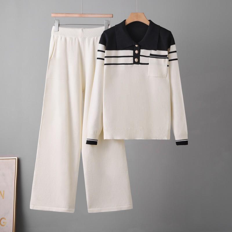 Womens Striped Knit Set Loose Casual Two-Piece Outfit With Wide Leg Pants Fall 2025