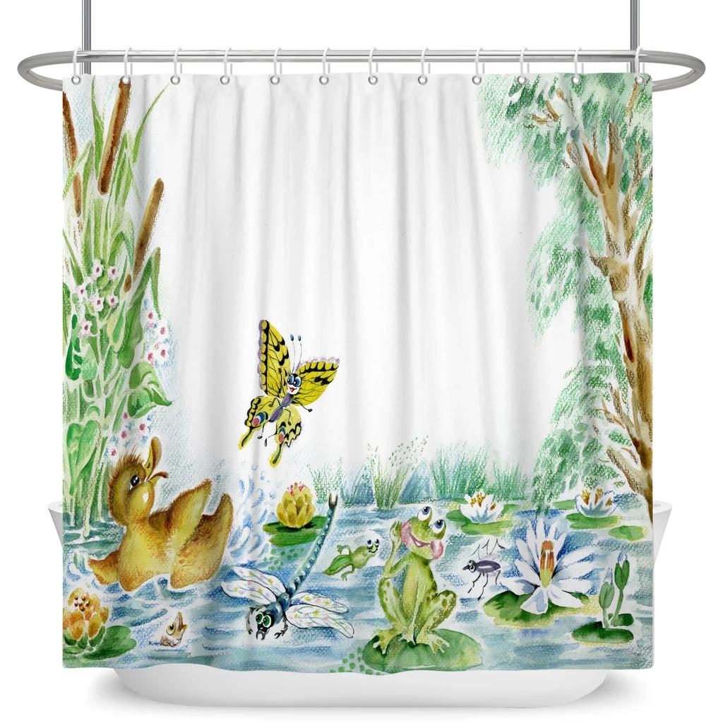 Funny Frog Cartoon Shower Curtain Sets Leaf Animal Creative Children Bathroom Decor Waterproof Fabric Home Hooks Bath Curtains