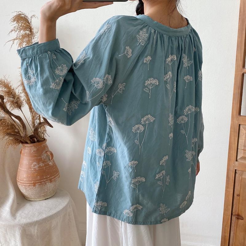 Johnature Vintage Stickerei Tops Blusen Frühling Herbst Casual Volle Hülse Weibliche Shirts